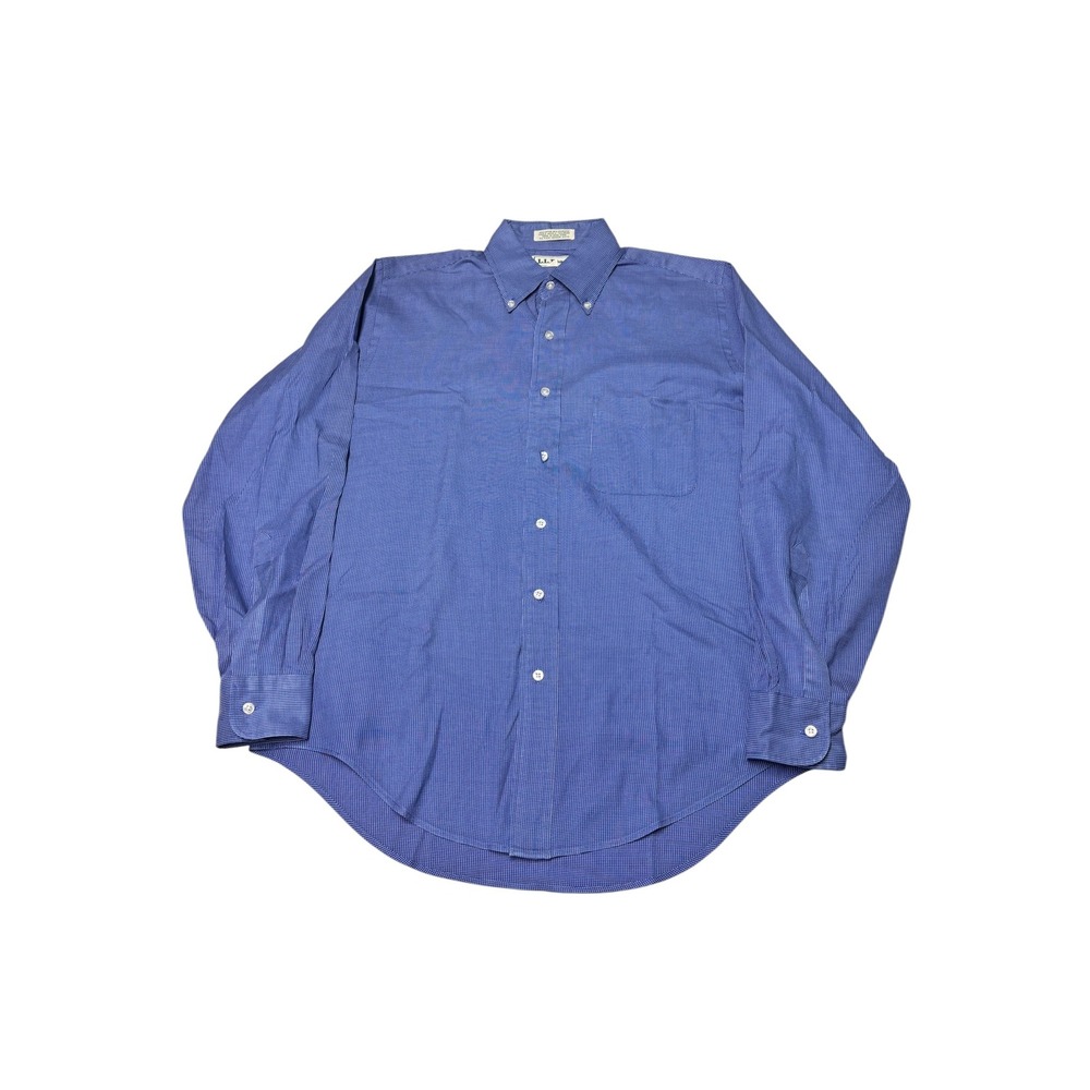 VTG LL Bean Mens Blue Micro Check Button Down Shirt 15 34 Long Sleeve Pocket